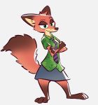  2020 barefoot bernie-buddy bottomwear brown_body brown_fur canid canine clothed clothing crossed_arms crossgender disney fox fully_clothed fur green_eyes grey_background mammal mtf_crossgender necktie nick_wilde red_fox shirt simple_background skirt smile standing topwear zootopia 