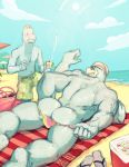  anthro barasaurus beach big_butt big_muscles blush bottomwear butt clothed clothing duo fingers humanoid inviting kneeling lying machamp machop male male/male mammal muscular muscular_male nintendo outside pok&eacute;mon pok&eacute;mon_(species) presenting seaside shorts size_difference sky smile speedo swimwear topless underwear underwear_pull video_games water 