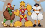  2017 alex_(totally_spies) avian belt bird black_hair blonde_hair blue_eyes bovid breasts bulge camel_toe canid canine canis caprine chicken cleavage clothed clothing clover_(totally_spies) domestic_dog egg female fur galliform gallus_(genus) group hair hi_res hooves hyper_hips mammal nipple_outline pawpads phasianid poodle sam_(totally_spies) sheep simple_background standing surprise sutibaru talons torn_clothing totally_spies transformation what wool_(fur) 