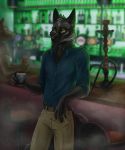  anthro bar belt black_body black_fur blurred_background bottomwear canid canine clothed clothing danawolfin depth_of_field detailed_background duo fox fully_clothed fur head_tuft hi_res holding_cup holding_object hookah leaning leaning_back looking_at_viewer male mammal neck_tuft pants shirt slit_pupils smile solo_focus standing topwear tuft yellow_eyes 