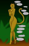  2020 alternate_species anthro breasts catwoman dialogue domestic_cat felid feline felis female fur green_sclera hi_res implied_transformation mammal nude runningtoaster selina_kyle_(character) simple_background smile solo unseen_character whiskers 