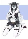  anthro belt blue_eyes boots bottomwear canid canine canis clothed clothing footwear garter_straps grey_(character) hi_res high_heels hybrid jacket legwear looking_at_viewer male mammal pinup pose shoes simple_background sitting skirt smile smirk solo soroka-ne-soroka thigh_boots thigh_highs topwear wolfdog 