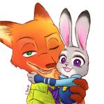  2017 anthro canid canine clothed clothing disney duo fox fur green_eyes grey_body grey_fur judy_hopps lagomorph leporid mammal necktie nick_wilde one_eye_closed open_mouth open_smile orange_body orange_fur purple_eyes rabbit red_fox shirt simple_background smile srmy_nkjd7 topwear white_background wink zootopia 