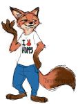  2016 alternate_version_at_source amarimo barefoot bottomwear brown_body brown_fur canid canine clothed clothing disney fox fully_clothed fur gloves_(marking) hi_res inner_ear_fluff mammal markings nick_wilde pants red_fox shirt simple_background smile standing t-shirt topwear tuft white_background zootopia 