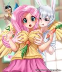  2020 5_fingers alternate_species angel_(mlp) animal_humanoid between_breasts black_hair blue_eyes breast_grab breasts carrot covering_mouth digital_media_(artwork) discord_(mlp) duo_focus feathered_wings feathers female fingers fluttershy_(mlp) food friendship_is_magic grabbing_from_behind grey_hair grope group hair hand_on_breast holding_food holding_object horn horned_humanoid humanoid humanoidized lagomorph lagomorph_humanoid leporid_humanoid long_hair male male/female mammal mammal_humanoid my_little_pony open_mouth pink_hair plant rabbit_humanoid racoon-kun red_eyes short_hair text tongue tongue_out url vegetable winged_humanoid wings 