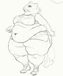  anthro belly big_belly bodily_fluids breasts cettus clothed clothing female mammal marten monochrome mustelid musteline obese obese_female overweight overweight_female solo standing sweat thick_thighs 