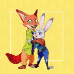  2020 amarimo anthro barefoot bottomwear brown_body brown_fur canid canine clothed clothing disney duo fox fully_clothed fur green_eyes grey_body grey_fur hi_res hug judy_hopps lagomorph leporid mammal necktie nick_wilde pants purple_eyes rabbit red_fox shirt simple_background standing topwear yellow_background zootopia 