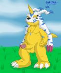  accessory anthro balls blue_body blue_fur claws collar digimon digimon_(species) erection fangs fur gabumon gem genitals head_on hi_res horn humanoid_genitalia humanoid_penis humanoide male paws penis provocative red_claws scales slightly_chubby smile solo sveemon white_body white_claws white_fur yellow_balls yellow_body yellow_eyes yellow_horn yellow_penis yellow_scales 