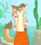  2018 anthro bottomwear brown_body brown_fur canid canine cheek_tuft clothed clothing dipstick_tail disney facial_tuft fox francesca-ictbs fur gloves_(marking) hand_on_hip looking_at_viewer male mammal markings multicolored_tail nick_wilde open_shirt red_fox shirt solo topwear tuft zootopia 