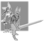  anthro battle blood bodily_fluids clothing cut_(disambiguation) dress fantasy father female hair hero hi_res husband lagomorph leporid male mammal melee_weapon mother narusewolf parent pregnant pregnant_belly protecting rabbit sketch son sword weapon wife wounded 