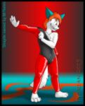  anthro artist_name canid canine clothing digital_media_(artwork) fox fur hair male mammal rubber rubber_suit simple_background skinsuit smile solo tight_clothing tydrian 