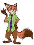  2016 alternate_version_at_source amarimo barefoot bottomwear brown_body brown_fur canid canine clothed clothing disney fox fully_clothed fur gloves_(marking) hi_res inner_ear_fluff mammal markings necktie nick_wilde pants red_fox shirt simple_background smile standing topwear tuft white_background zootopia 