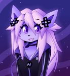  2020 accessory alternate_species anthro breasts cleavage clothed clothing cute_fangs digital_media_(artwork) domestic_cat felid feline felis female fur furrification hair hair_accessory hoodie hyperdimension_neptunia inget looking_at_viewer mammal neptune_(neptunia) pink_hair purple_background purple_body purple_eyes purple_fur simple_background smile solo topwear video_games 