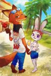  2017 anthro barefoot brown_body brown_fur building canid canine clothed clothing cloud detailed_background disney duo eyewear food fox fully_clothed fur green_eyes grey_body grey_fur hand_holding hi_res holding_cup holding_food holding_object judy_hopps lagomorph leporid looking_at_viewer looking_back mammal nick_wilde open_mouth open_smile orange_body orange_fur palm_tree pawpsicle popsicle purple_eyes rabbit red_fox sky smile srmy_nkjd7 straw sunglasses tree zootopia 