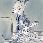  anthro bodily_fluids canid canine carrot_pen chair clothed clothing dipstick_ears disney duo fox fur furniture holding_object judy_hopps lagomorph leporid looking_at_another mammal monitor multicolored_ears necktie nick_wilde rabbit red_fox shirt sitting srmy_nkjd7 sweat sweatdrop topwear zootopia 