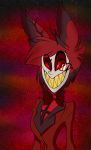  absurd_res alastor_(hazbin_hotel) anthro antlers bow_tie clothed clothing demon eyewear fan_(disambiguation) fey_art glowing glowing_eyes hair hazbin_hotel hi_res horn humanoid male monocle red_eyes sharp_teeth simple_background smile solo teeth 