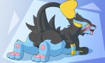  2020 animal_genitalia anus balls black_body black_fur blush butt digital_media_(artwork) feral fur genitals heart_tail hi_res looking_at_viewer luxray male multicolored_body multicolored_fur nintendo open_mouth pawpads paws pok&eacute;mon pok&eacute;mon_(species) presenting rayn_luxray sallandril sheath simple_background smile solo toes tongue tongue_out video_games 