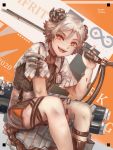  1boy arknights character_name fangs flamethrower genderswap highres horns id_card ifrit_(arknights) open_mouth short_hair shorts smile strap weapon white_hair xilveroxas 