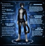  2012 adam_sung anthro black_body black_fur blue_eyes clothed clothing domestic_cat felid feline felis fur hi_res la_volpe looking_at_viewer male mammal model_sheet pink_nose science_fiction skinny solo superhero superpowers text topless underwear white_body white_fur 