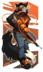  2020 4_toes 5_fingers anthro canid canine clothed clothing digital_media_(artwork) fingers fox fur grey_body grey_fur hi_res holding_gun holding_object holding_weapon male mammal ravoilie solo toes weapon 