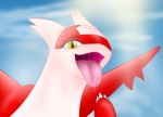  absurd_res bodily_fluids emu34b feral hi_res latias legendary_pok&eacute;mon looking_at_viewer mouth_shot nintendo pok&eacute;mon pok&eacute;mon_(species) saliva saliva_on_tongue sky solo tongue tongue_out video_games yellow_eyes 