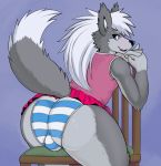  2018 anthro balls_in_panties big_butt blue_eyes blush bottomwear bulge butt canid canine canis chair clothed clothing crossdressing dipstick_tail fangs fur furniture girly grey_body grey_fur hair long_hair looking_back male mammal microskirt miniskirt multicolored_tail panties pattern_clothing pattern_underwear raised_tail skirt smile solo striped_clothing striped_panties striped_underwear stripes underwear unknown_artist_(artist) white_hair wolf 