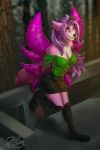  2020 ahoge anthro blue_eyes breasts canid canine canis clothed clothing digital_media_(artwork) eyebrows eyelashes female fur hair hi_res looking_at_viewer mammal mariah_veiethe pink_body pink_fur purple_hair simple_background smile solo standing tril-mizzrim wings wolf 