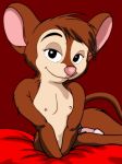  an_american_tail anthro black_eyes brown_body brown_fur brown_hair don_bluth fievel_mousekewitz fur genitals grummancat hair hi_res looking_at_viewer male mammal misleading_thumbnail mouse murid murine nipples nude penis pink_nose red_background rodent simple_background sitting smile solo 