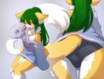  blush breasts butt clothing domestic_cat felid feline felis female fluffy fluffy_ears fluffy_tail green_hair hair looking_at_viewer mammal sollyz solo sundyz underwear 