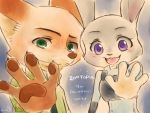  2020 anthro brown_body brown_fur canid canine clothed clothing disney duo english_text fox fur green_eyes grey_body grey_fur judy_hopps lagomorph leporid looking_at_viewer mammal miso_zoo nick_wilde open_mouth open_smile pawpads purple_eyes rabbit red_fox smile text zootopia 