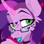  &lt;3 2020 bioluminescence equid equine eyewear glasses glowing green_eyes horn hybrid jay_(oc) jrvanesbroek lipstick looking_at_viewer makeup mammal portrait purple_lipstick purple_theme solo tooth_gap unicorn zebra 