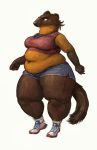  anthro bodily_fluids bra breasts cettus clothed clothing female hi_res mammal marten mustelid musteline obese overweight overweight_female solo sweat thick_thighs underwear 