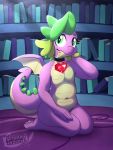  2020 3:4 anthro barefoot book bookshelf choker chubby_female crossgender dragon fangs featureless_chest female flat_chested gem green_countershading green_eyes green_hair greenlinzerd hi_res inside kneeling looking_at_viewer loss meme my_little_pony navel nude purple_body purple_scales ruby_(disambiguation) scalie signature smile solo spike_(mlp) watermark wings 