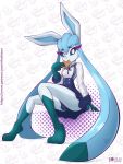  anthro blue_body blue_eyes blue_fur blue_hair bottomwear clothing cookie eeveelution female food fur glaceon hair looking_at_viewer magikarp nintendo pok&eacute;mon pok&eacute;mon_(species) rilex_lenov sitting skirt solo vanillite video_games 