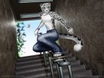  3d_(artwork) 4:3 anthro barefoot biped black_body black_fur bottomwear clothed clothing digital_media_(artwork) felid fur green_eyes irbis jeans la_volpe male mammal pantherine pants pink_nose scooter skateboard skateboarding skater sky snow_leopard solo text topless tree white_body white_fur wristband 