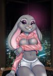  2018 anthro bottomwear breasts clothing disney ears_down female fur grey_body grey_fur head_tuft hi_res hoodie judy_hopps lagomorph leporid looking_at_viewer mammal navel nipples photo_background pink_nose pivoted_ears purple_eyes rabbit shorts sitting smile solo topwear tuft yora zootopia 