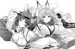  2girls animal_ears arm_up azur_lane blush breasts cleavage closed_mouth collarbone elbow_gloves expressionless eyebrows_visible_through_hair fingerless_gloves fox_ears fox_tail gloves greyscale grin highres hori_(hori_no_su) jintsuu_(azur_lane) large_breasts long_hair looking_at_viewer monochrome multiple_girls parted_lips sendai_(azur_lane) smile sweat tail teeth very_long_hair 