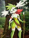  anthro breasts clothing dazzlekong female genitals green_eyes hi_res legendary_pok&eacute;mon looking_at_viewer melee_weapon nintendo nipples outside pok&eacute;mon pok&eacute;mon_(species) polearm pussy shaymin solo spear tongue tree video_games weapon 