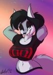  2019 anthro breasts canid canine canis clothed clothing female fur grey_body grey_fur grey_tail hair hands_behind_head hi_res looking_at_viewer mammal midriff navel nipple_outline open_mouth pink_tongue solo teeth tongue tool_(band) topwear vinfox wolf 