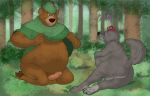  2019 absurd_res anthro balls belly brown_body brown_fur butt canid canine canis clothing detailed_background disney duo erection fur genitals hat headgear headwear hi_res humanoid_genitalia humanoid_hands humanoid_penis little_john male mammal outside overweight overweight_male penis robin_hood_(disney) sheriff_of_nottingham themorghull ursid wolf 