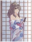  1girl absurdres artist_name bare_shoulders breasts brown_eyes brown_hair cellphone cleavage closed_mouth collarbone expressionless eyebrows_visible_through_hair floral_print futaba_rio highres holding holding_phone japanese_clothes kimono large_breasts long_hair long_sleeves looking_at_viewer no_eyewear off-shoulder_kimono phone ponytail scrunchie seishun_buta_yarou smartphone solo takkikun wavy_hair 