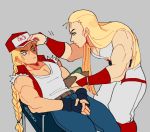  2boys andy_bogard armband artist_name blonde_hair braided_ponytail denim fatal_fury fatal_fury_cap fingerless_gloves gloves jacket jeans long_hair multiple_boys pants regiusfurca sleeveless terry_bogard 