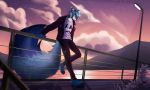  anthro big_tail blue_body blue_fur bottomwear canid canine cigarette clothing cloud cloudscape dipstick_tail fluffy fluffy_tail fox fur hatorain jacket male mammal mountain multicolored_tail original_characters pants qursll shirt sky sky_(character) smoking solo street_lamp sunset topwear water waterline_view 
