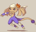  2015 ambiguous_gender anthro blue_body blue_eyes brown_background brown_body brown_hair claws clothing floating freckles full-length_portrait hair headdress headgear headwear heel_claw hitmontop iveechan kassi_nalani leg_wraps long_tail nintendo pok&eacute;mon pok&eacute;mon_(species) portrait pseudo_hair scalie shadow simple_background solo spikes tales_of_tabira toe_claws trans_woman_(lore) video_games wraps wrist_wraps 