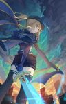  1girl absurdres ahoge artoria_pendragon_(all) black_legwear black_shorts blonde_hair blue_jacket commentary fate/grand_order fate_(series) from_below green_eyes hair_between_eyes highres holding holding_sword holding_weapon jacket kotatsu_kaya long_hair looking_at_viewer mysterious_heroine_x ribbon shorts solo sword thighhighs weapon 