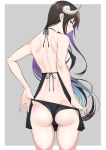  1girl apron ass back bare_back bare_shoulders black_apron black_hair black_panties black_ribbon blush border breasts closed_mouth covered_nipples eyebrows_visible_through_hair grey_background highres horns long_hair medium_breasts multicolored_hair nearly_naked_apron nori_gorou original panties pink_hair profile purple_hair ribbon sideboob simple_background smile solo straight_hair thighs two-tone_hair underwear very_long_hair white_border 