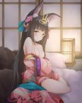  1girl absurdres animal_ear_fluff animal_ears azur_lane bare_shoulders black_hair blush breasts flower fox_ears hair_flower hair_ornament highres japanese_clothes kimono lamp long_hair looking_at_viewer nagato_(azur_lane) nagato_(guardian_fox&#039;s_shining_furisode)_(azur_lane) nipples sitting small_breasts smile solo sorbitol yellow_eyes 