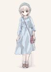  1girl alternate_costume arms_at_sides bag blue_dress blush brown_eyes brown_footwear casual closed_mouth dated dress eyebrows_visible_through_hair full_body grey_background grey_hair grey_headwear hat highres long_sleeves looking_at_viewer nagato_yuki nanabuluku shoes shoulder_bag signature simple_background socks solo striped suzumiya_haruhi_no_yuuutsu vertical-striped_dress vertical_stripes white_legwear 