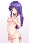  1girl adjusting_clothes adjusting_swimsuit bangs bikini blush breasts commentary cowboy_shot eyebrows_visible_through_hair groin highres hinata_yukari long_hair looking_at_viewer lowleg lowleg_bikini medium_breasts mel_(melty_pot) micro_bikini navel parted_lips purple_eyes purple_hair skindentation solo standing string_bikini sweatdrop swimsuit yuyushiki 