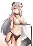  1girl arknights bangs bare_thighs black_bikini_bottom black_choker blush breasts choker cleavage collarbone commentary cowboy_shot english_commentary engrish_commentary eyebrows_visible_through_hair gradient gradient_background groin hand_up highres holding holding_shield horns kitsune_udon_(ai_br) large_breasts long_hair looking_at_viewer midriff navel orange_eyes saria_(arknights) see-through shield sidelocks silver_hair simple_background smile snap-fit_buckle solo standing white_background white_bikini_top 